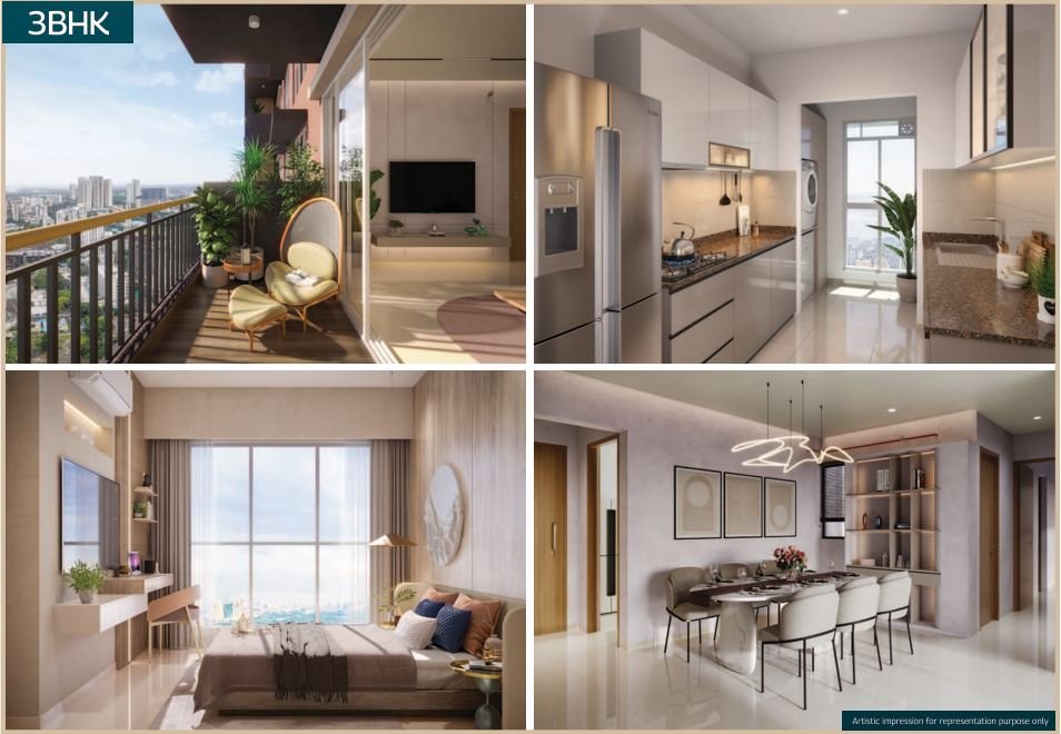 Luxury bedroom, modern kitchen, spacious living room, and scenic balcony at MAHINDRA MARINA 64, Malad West