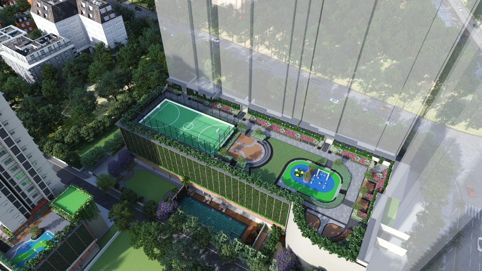 Top View of Kids Play Area and Football Turf in Malad West – MAHINDRA MARINA 64